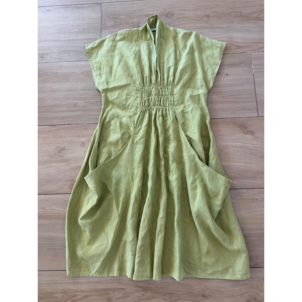Luna Luz 100% Linen Smocked Waist Pocket Midi Dress Chartreuse Green XS